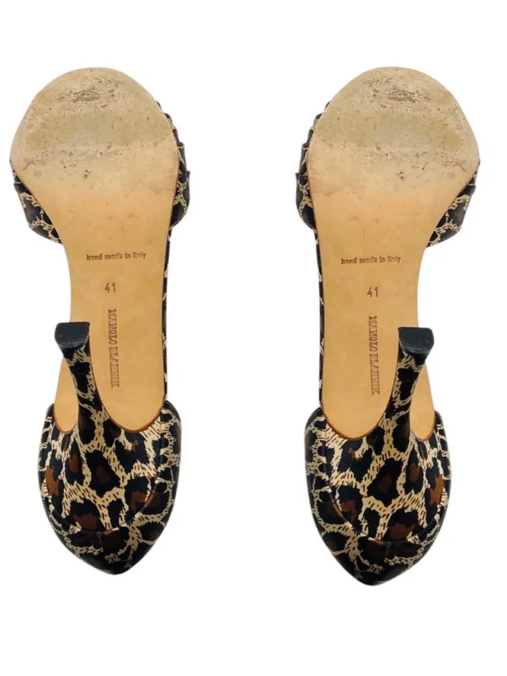 Manolo Blahnik Tan / Brown / Black Sedaraby Leopard Satin Crystal Buckle Peep To